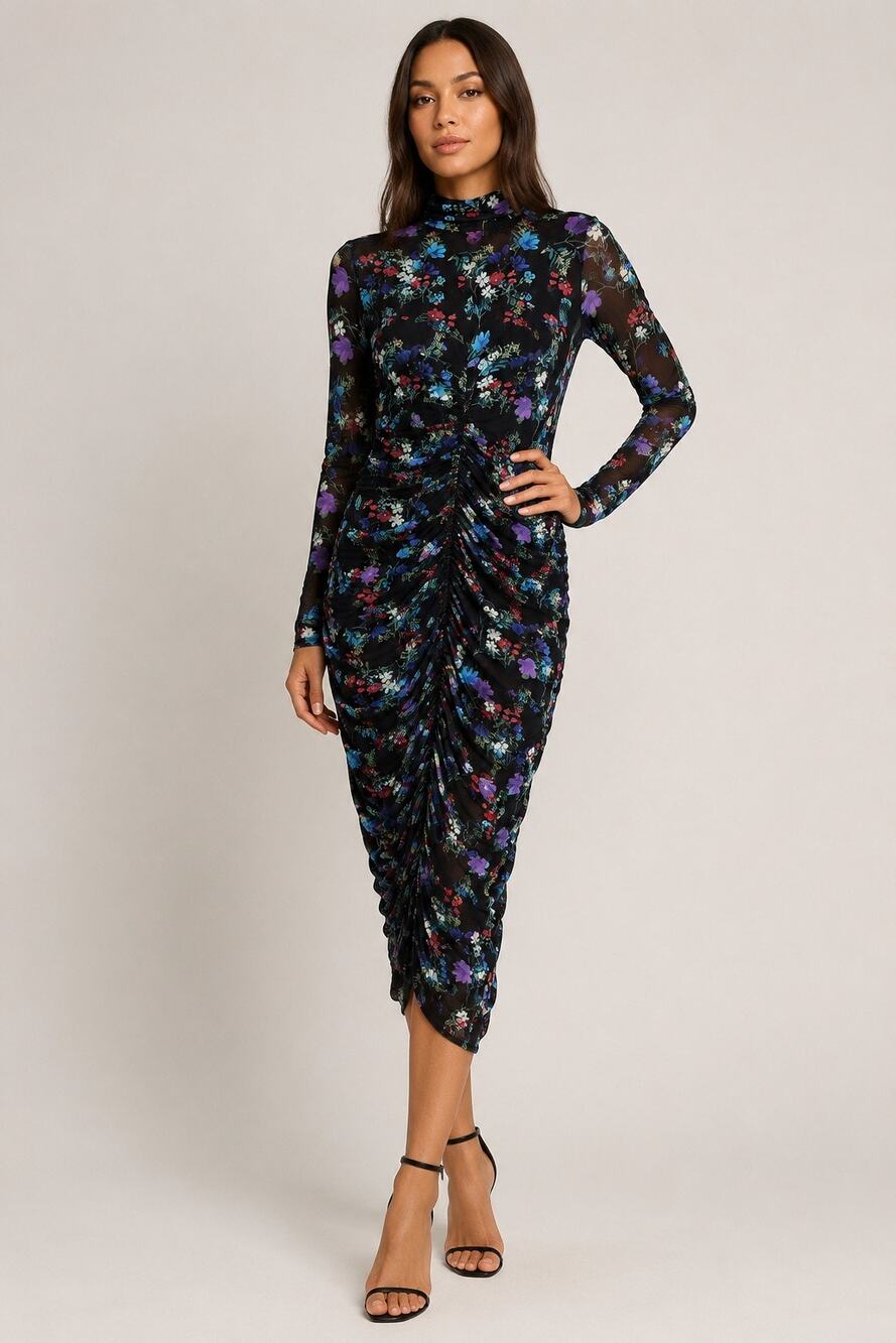 Alice + Olivia Delora Floral Mesh Ruched Midi Dress Size 12